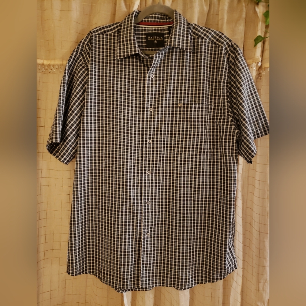 Classic Nautica Jeans Co. Men's Plaid Short Sleeve Button Down Black Size L EUC